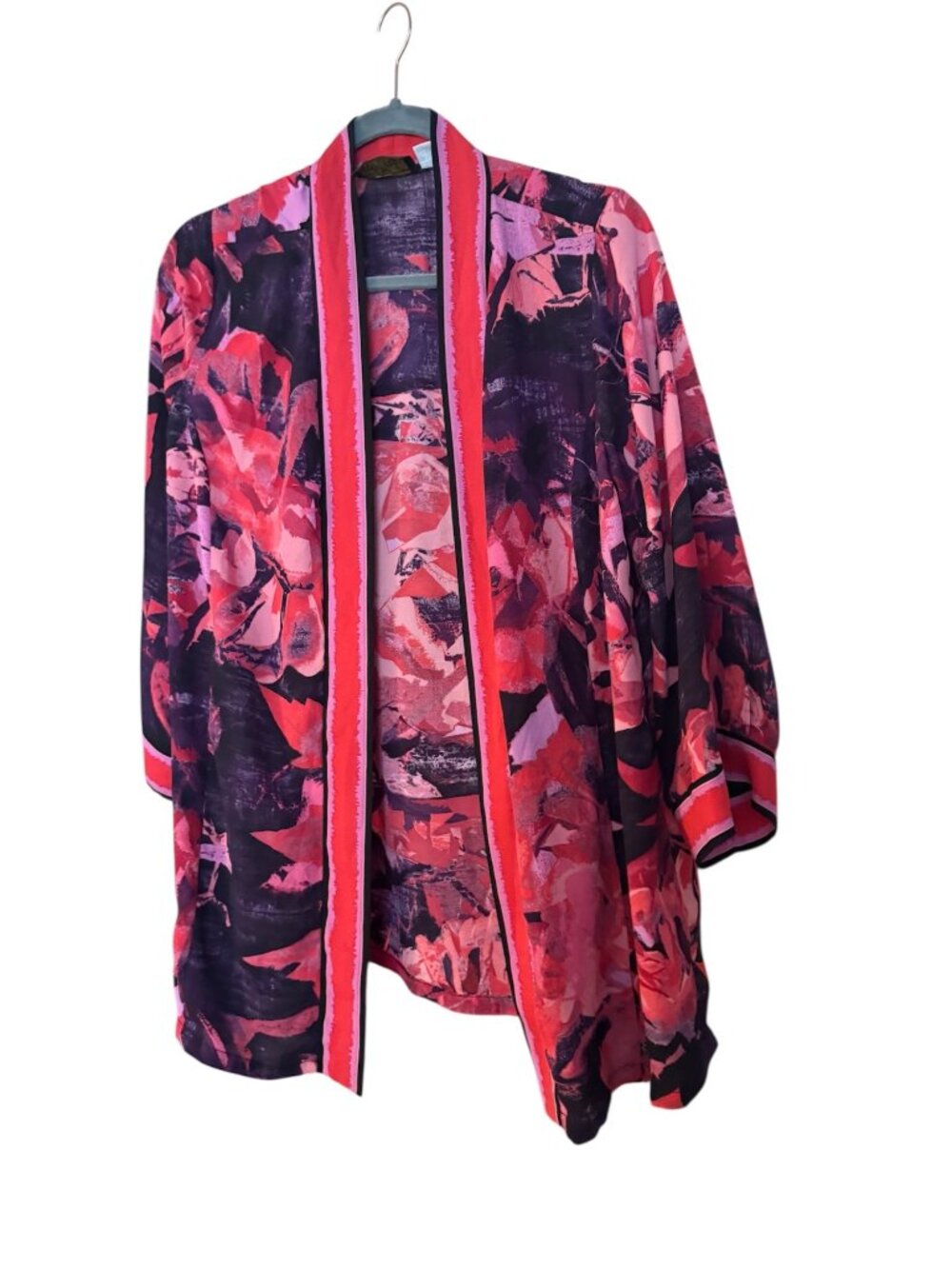 Bob Mackie Wearable Art Cardigan Kimono Womens M Pink Floral Open Front 3/4 Slee